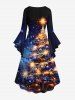 Plus Size Christmas Tree Ball Star Light Galaxy Glitter 3D Print Ruched Flare Sleeve High Low Dress -  