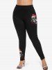 Plus Size Christmas Hat Skull Snowflake Sparkling Sequin 3D Print Leggings -  