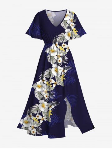 Robe Mi-Longue Fendue Fleur D'Hibiscus et Feuille Tropicale Imprimées de Grande Taille - MIDNIGHT BLUE - XS