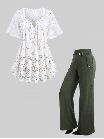 Haut Floral à Manches Fendues et Pantalon à Jambes Larges Grande Taille - WHITE