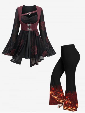 Rose Flower Print Mesh 2 In 1 Top and Christmas Snowflake Printed Flare Pants Plus Size Outfit - BLACK