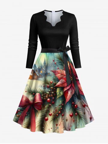 Plus Size Christmas Tree Holly Bowknot Leaf House Snow Print Ombre Scalloped Neck A Line Dress with Tied Belt - MULTI-A - M