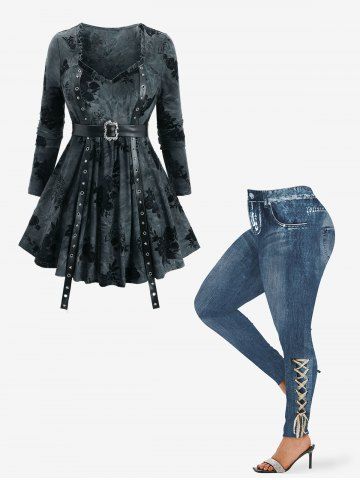 Rose Flower Flocking Tie Dye Top and 3D Lace Lace-up Ombre Denim Print Leggings Plus Size Outfit - BLACK