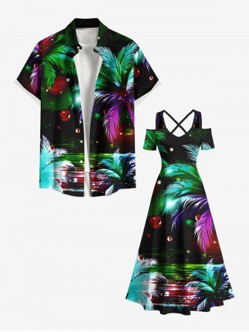 Colorful Ombre Coconut Tree Water Drop Stars Print Plus Size Matching Hawaii Beach Outfit For Couples