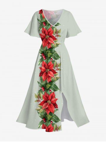 Robe Cache-Coeur Imprimée Feuilles et Fleurs avec Poches Grande Taille - MULTI-A - S