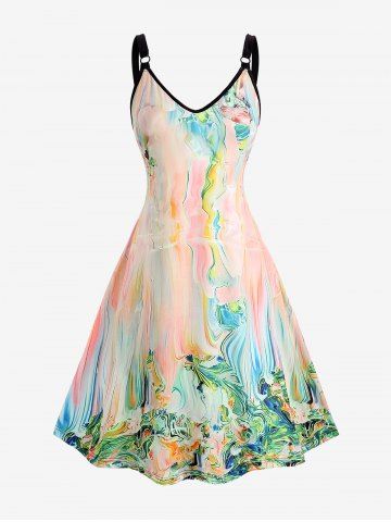 Plus Size Watercolor Colorful Print Vintage Dress - LIGHT PINK - 3XL