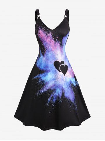 Plus Size Galaxy Heart Paint Splatter Print Vintage Dress - BLACK - 2XL