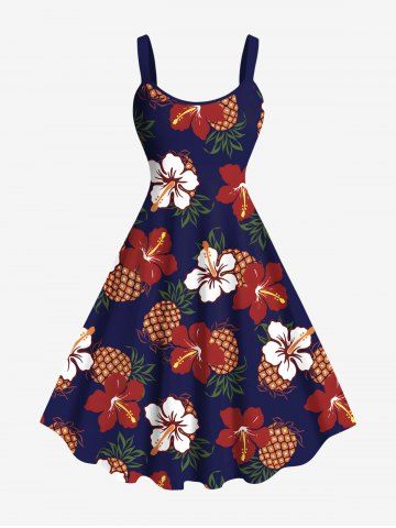 Robe Débardeur Hawaïen Ananas Fleur Tropicale Imprimés de Grande Taille - DEEP BLUE - S