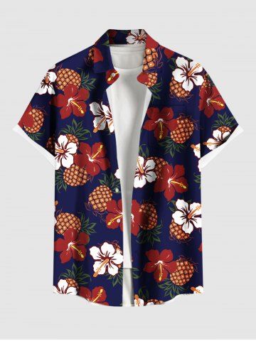 Plus Size Tropical Hibiscus Flowers Pineapple Print Buttons Pocket Hawaii Shirt For Men