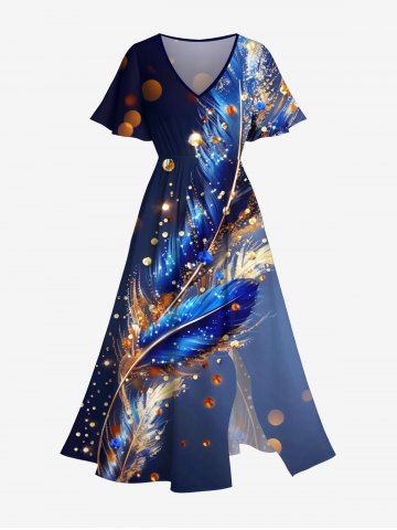 Robe Mi-Longue Brillante Fendue 3D Plume Imprimée à Paillettes de Grande Taille - BLACK - S