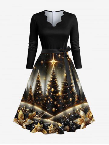 Plus Size Glitter Christmas Tree Ball Star Galaxy Floral Print Scalloped Neck A Line Dress with Belt - DEEP COFFEE - M