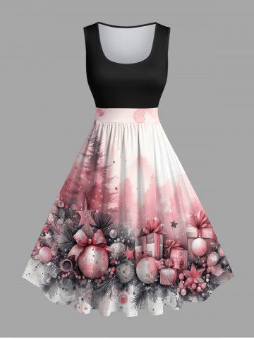 Plus Size Christmas Tree Ball Gift Print Ombre Vintage Swing A Line Dress - MULTI-A - XS