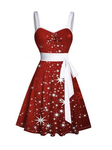 Mini Robe Ceinturée Flocon de Neige et Etoile Imprimés - DEEP RED - XXXXXL | US 20