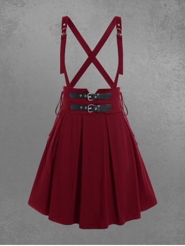Gothic Lace Up Buckles Godet Hem A Line Suspender Skirt - DEEP RED - 4X | US 26-28