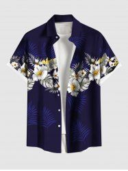 Plus Size Tropical Leaf Hibiscus Flower Print Buttons Pocket Hawaii Shirt For Men -  