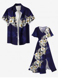 Tenue de Plage à Imprimé Fleurs et Feuilles Tropicales Grande-Taille pour Couples - Bleu de Minuit 