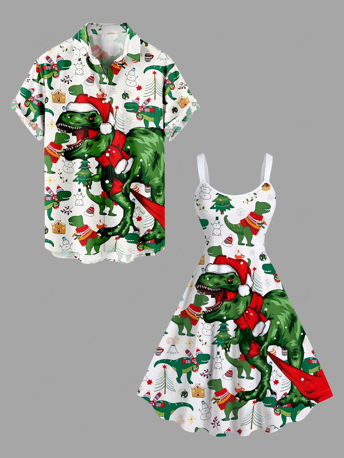 Store Christmas Tree Hat Dinosaur Snowman Ball Print Plus Size Matching Outfit For Couples  
