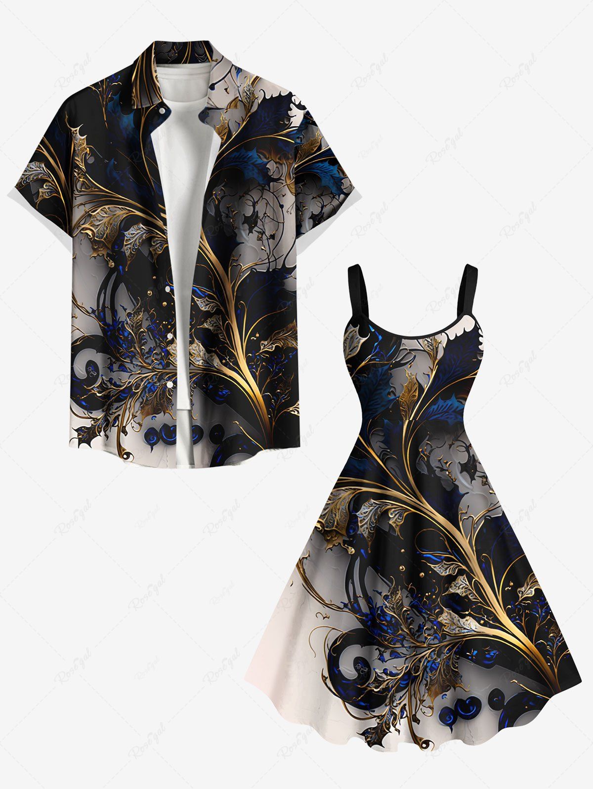 Affordable Metallic Flowers Leaf Print Plus Size Matching Hawaii Beach Outfit For Couples  
