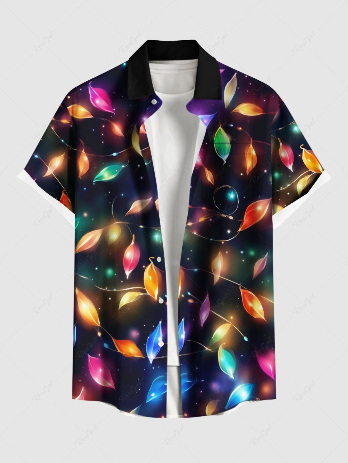 Chemise de Noël 3D Lumière Colorée Imprimée de Grande Taille avec Boutons à Paillettes Noir 2XL