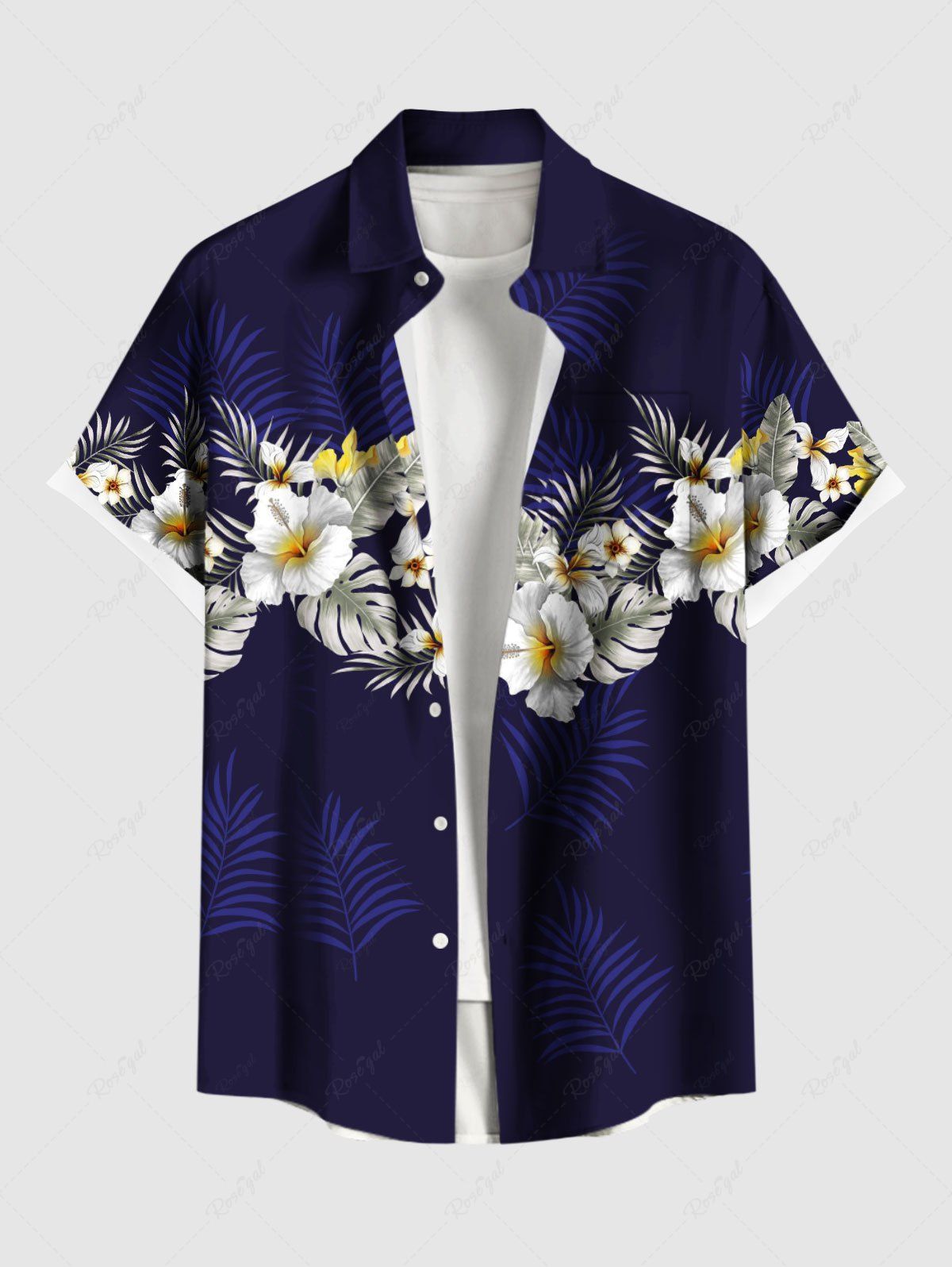 Outfit Plus Size Tropical Leaf Hibiscus Flower Print Buttons Pocket Hawaii Shirt For Men  
