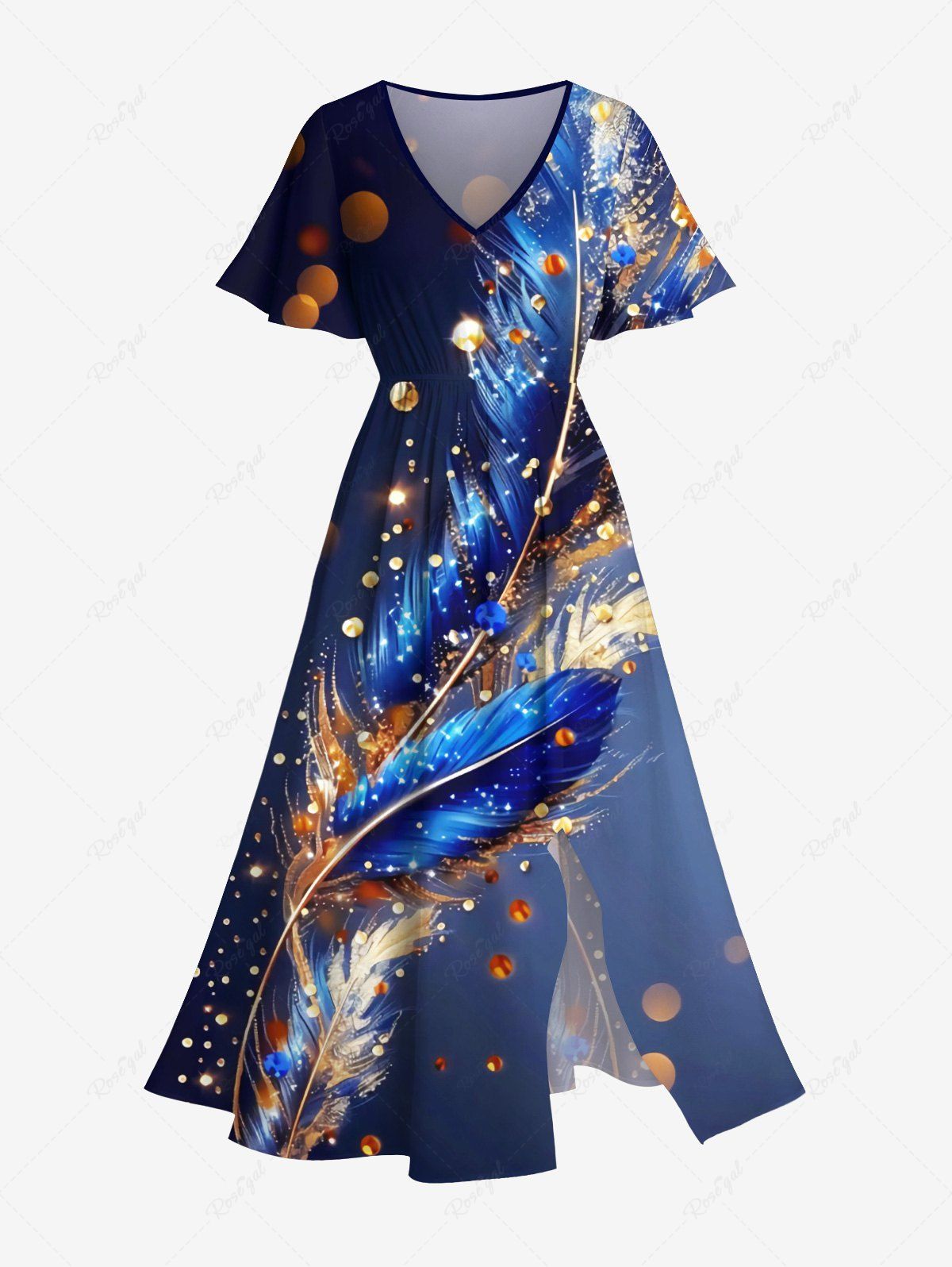 Trendy Plus Size Metallic Feather Galaxy Glitter Sparkling Sequin 3D Print Split Hawaii Midi Dress  