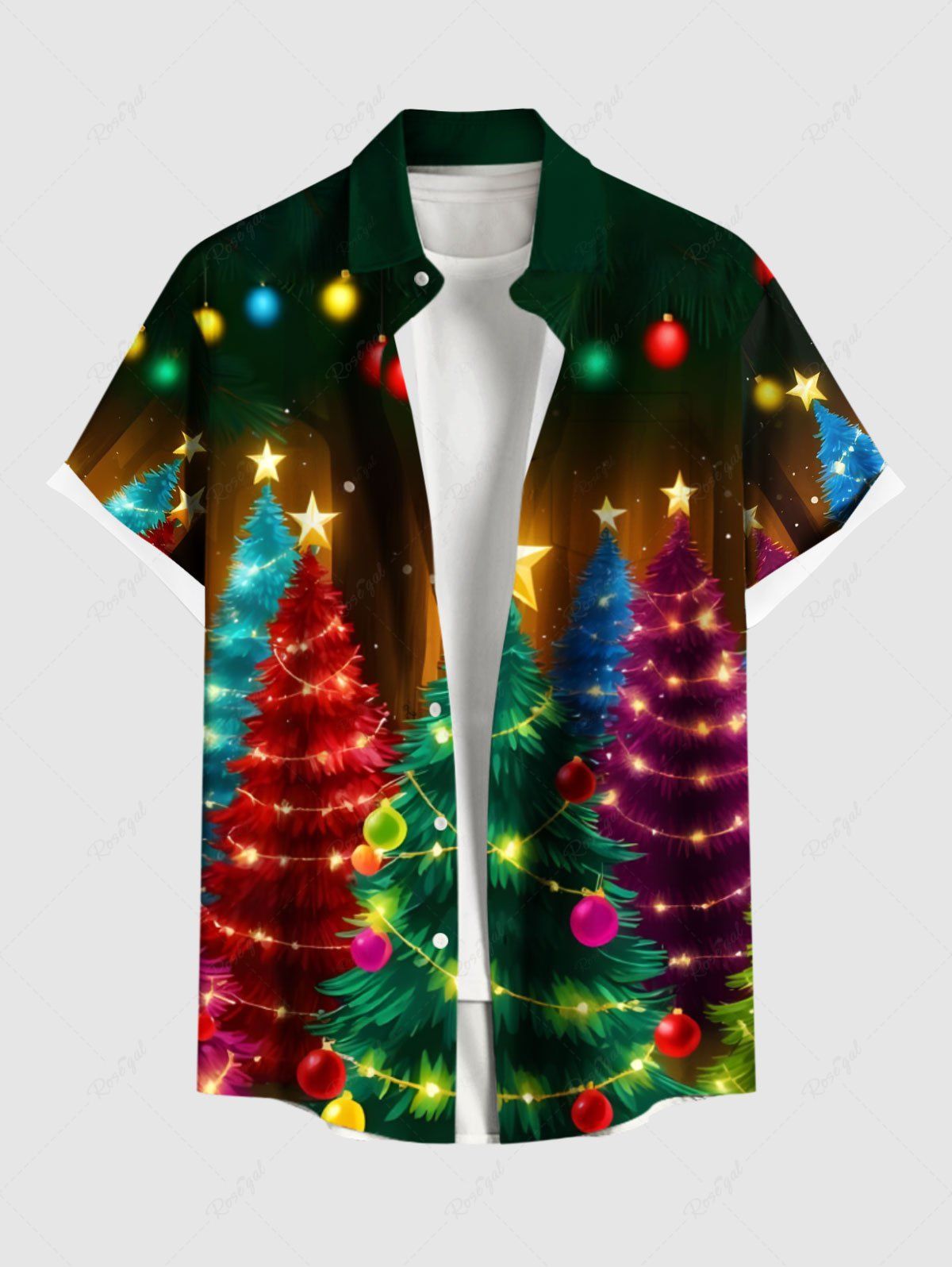 Chemise avec Boutons et Poche en Dégradé de Couleurs Motif Sapin de Noël Brillant Grande-Taille pour Hommes Multi-A 3XL