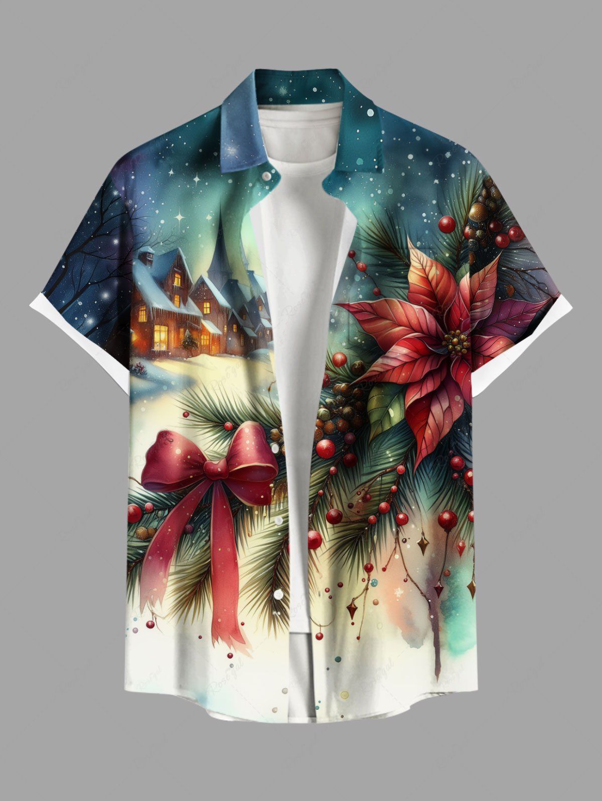 Sale Plus Size Christmas Tree Holly Bowknot Leaf House Snow Print Ombre Button Pocket Shirt For Men  