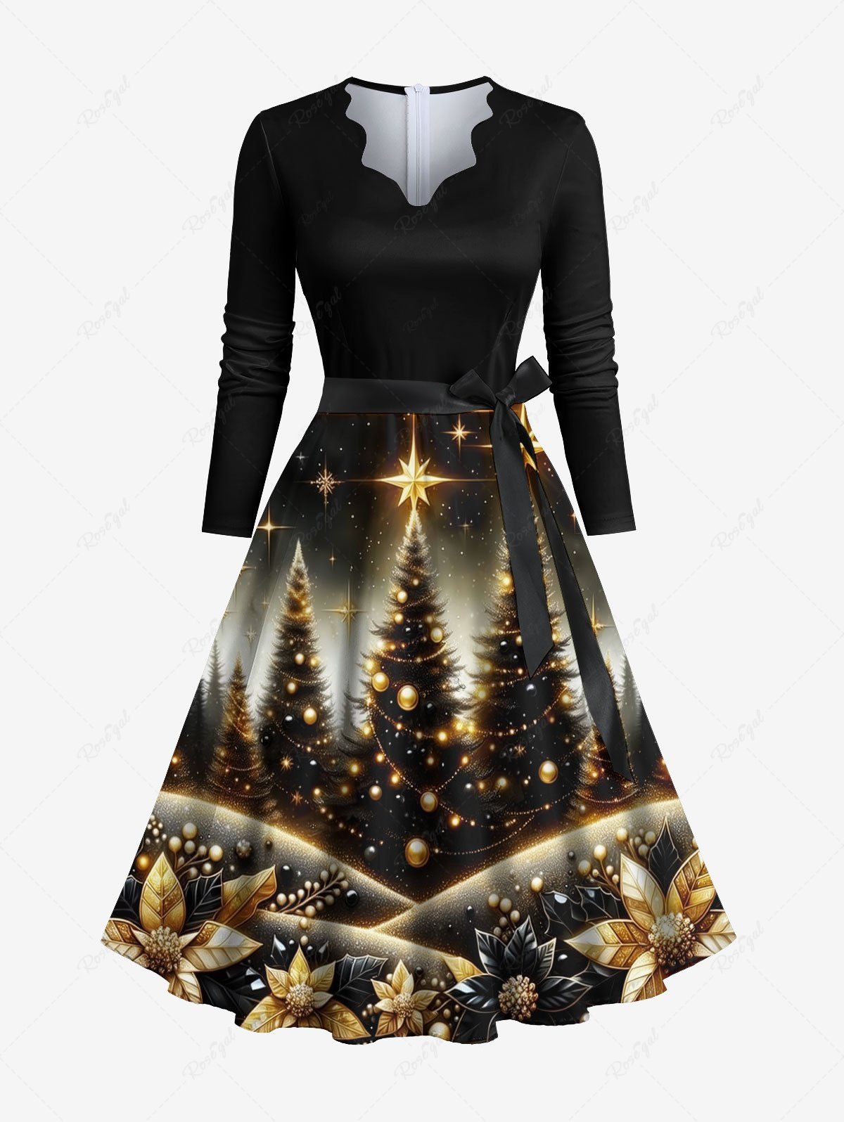 Hot Plus Size Glitter Christmas Tree Ball Star Galaxy Floral Print Scalloped Neck A Line Dress with Belt  