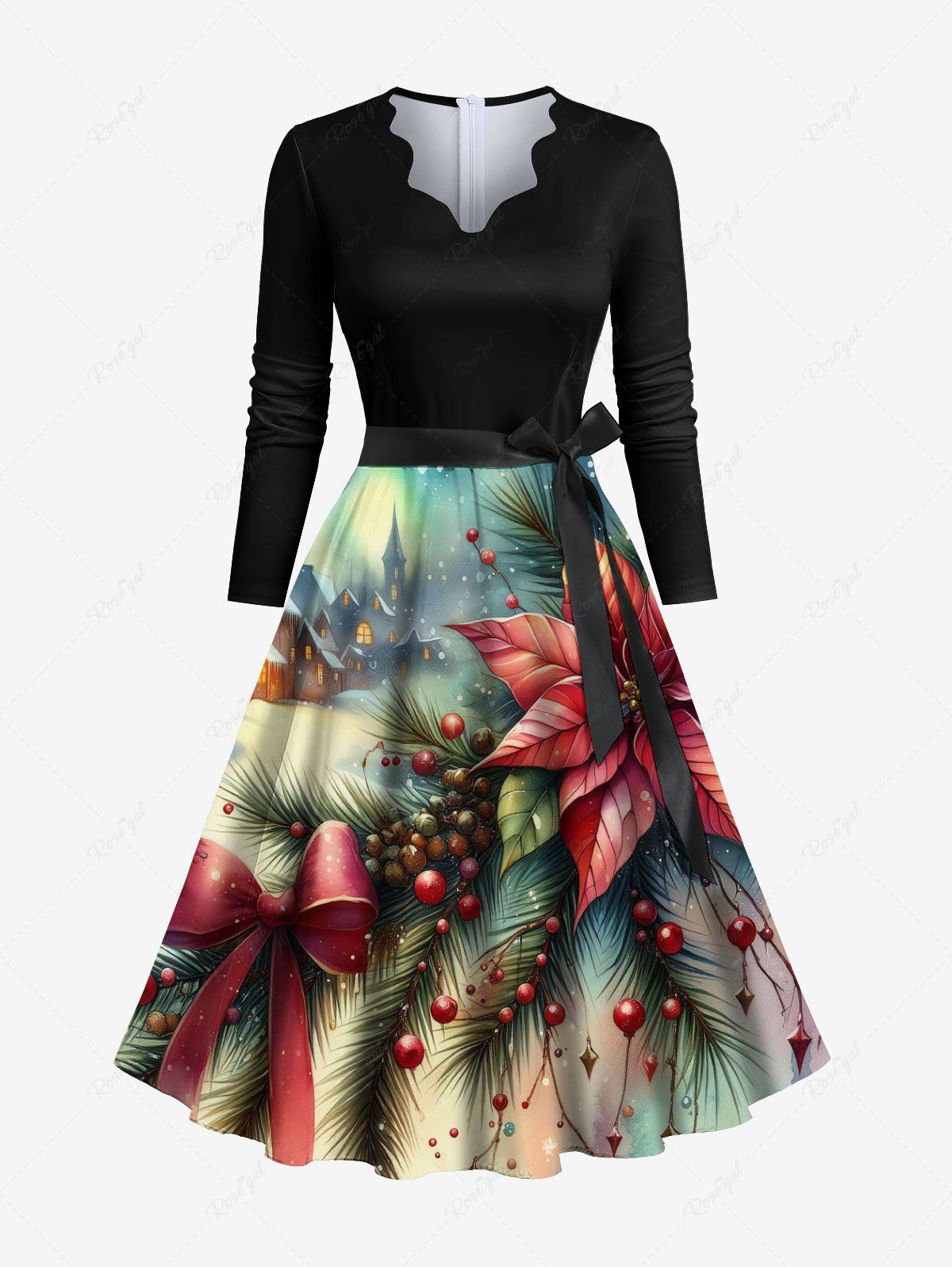Outfits Plus Size Christmas Tree Holly Bowknot Leaf House Snow Print Ombre Scalloped Neck A Line Dress with Tied Belt  