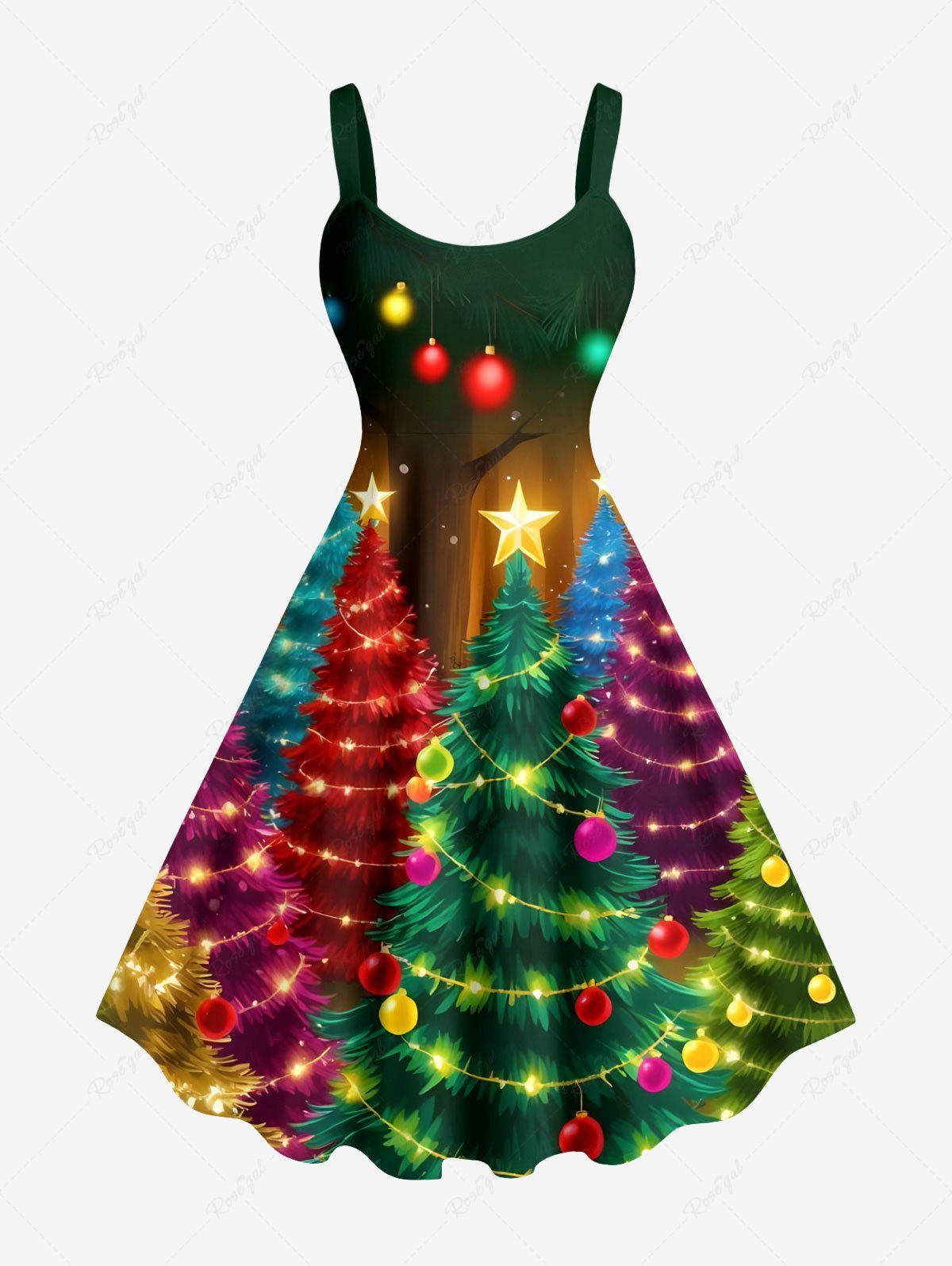 Best Plus Size Glitter Christmas Tree Ball Light Stars Print Ombre A Line Dress  