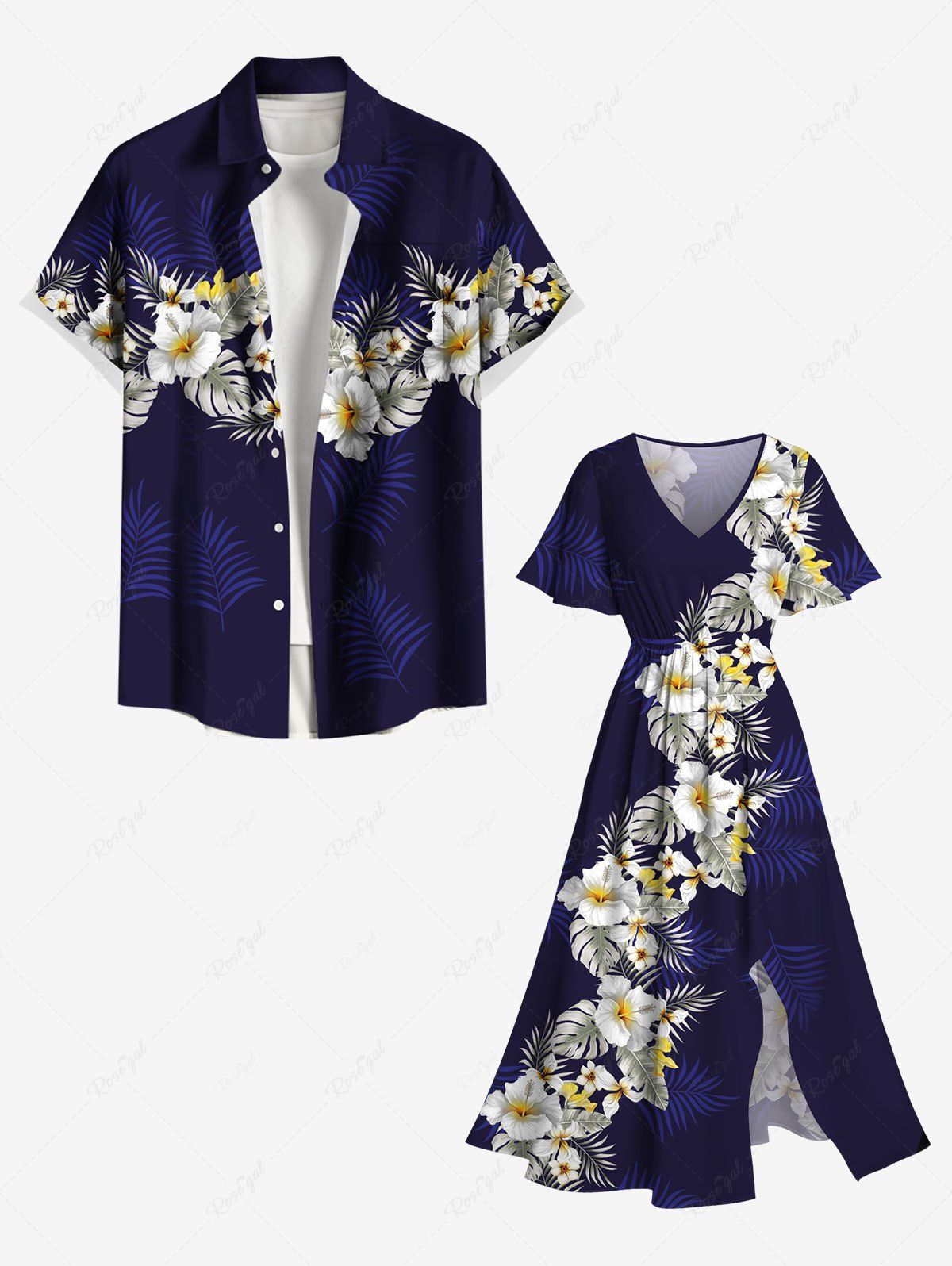 Tenue de Plage à Imprimé Fleurs et Feuilles Tropicales Grande-Taille pour Couples Bleu de Minuit 