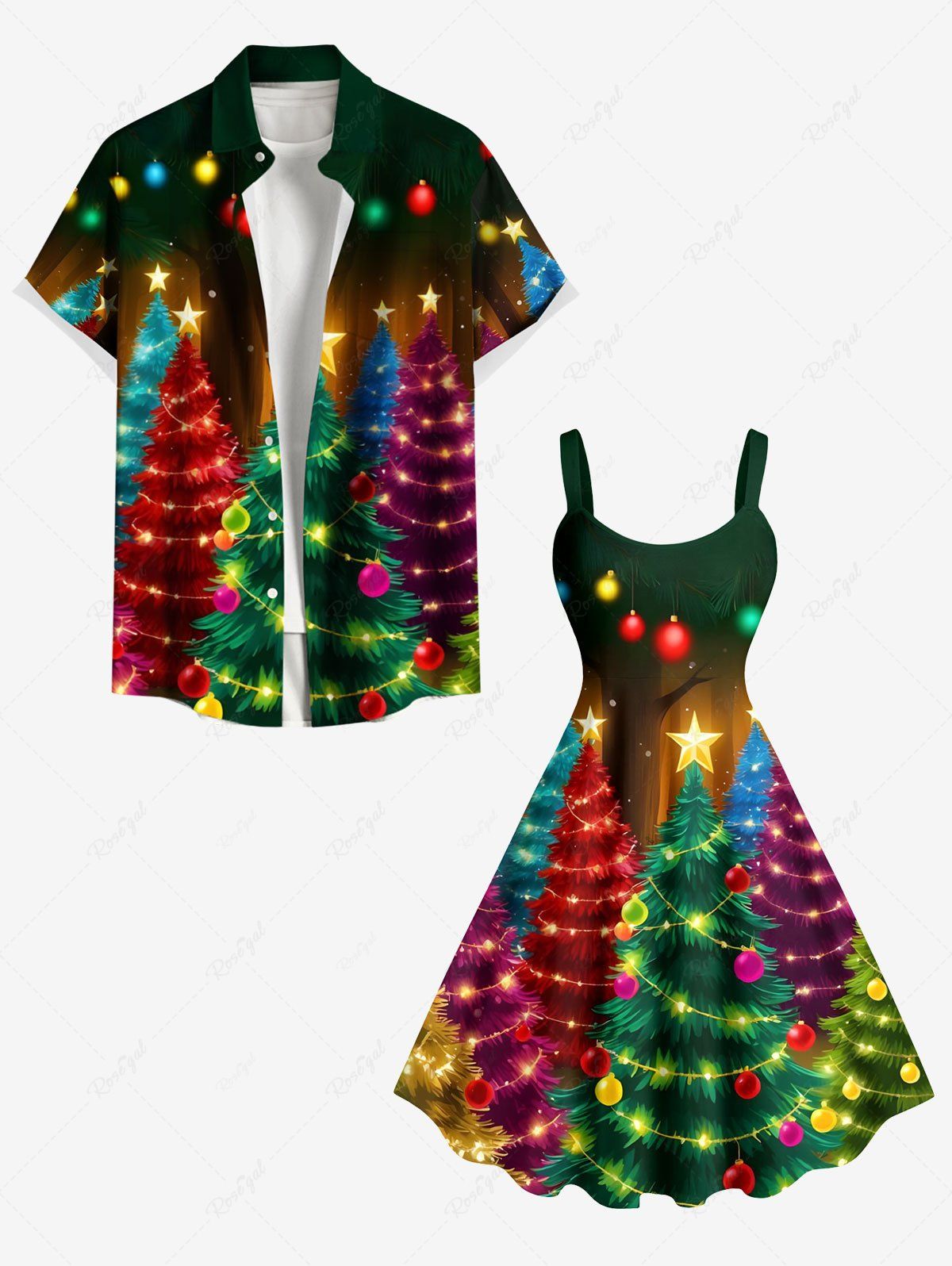 Chic Glitter Christmas Tree Ball Light Stars Print Plus Size Matching Outfit For Couples  