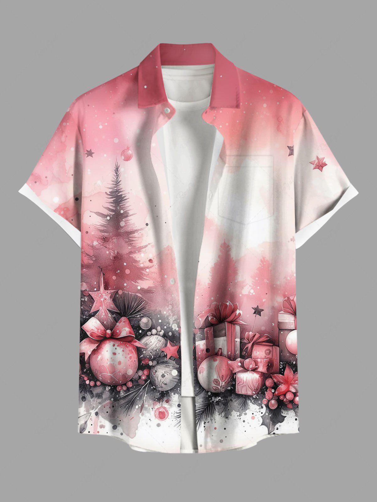 Cheap Plus Size Christmas Tree Ball Gift Print Ombre Button Pocket Shirt For Men  