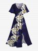Tenue de Plage à Imprimé Fleurs et Feuilles Tropicales Grande-Taille pour Couples - Bleu de Minuit 