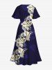 Tenue de Plage à Imprimé Fleurs et Feuilles Tropicales Grande-Taille pour Couples - Bleu de Minuit 