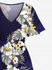 Tenue de Plage à Imprimé Fleurs et Feuilles Tropicales Grande-Taille pour Couples - Bleu de Minuit 