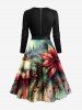 Plus Size Christmas Tree Holly Bowknot Leaf House Snow Print Ombre Scalloped Neck A Line Dress with Tied Belt -  