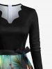Plus Size Christmas Tree Holly Bowknot Leaf House Snow Print Ombre Scalloped Neck A Line Dress with Tied Belt -  