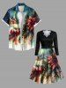 Plus Size Christmas Tree Holly Bowknot Leaf House Snow Print Ombre Scalloped Neck A Line Dress with Tied Belt -  