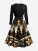 Plus Size Glitter Christmas Tree Ball Star Galaxy Floral Print Scalloped Neck A Line Dress with Belt -  