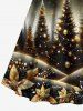 Plus Size Glitter Christmas Tree Ball Star Galaxy Floral Print Scalloped Neck A Line Dress with Belt -  