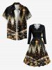Plus Size Glitter Christmas Tree Ball Star Galaxy Floral Print Scalloped Neck A Line Dress with Belt -  
