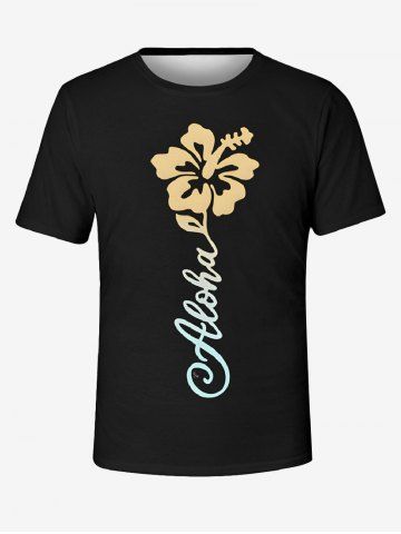 Plus Size Hibiscus Flower Letters Print T-shirt - BLACK - S