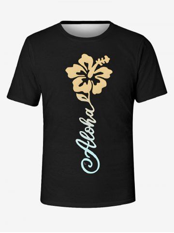 Plus Size Hibiscus Flower Letters Print T-shirt - BLACK - 6XL