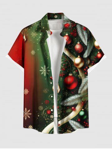 Plus Size Christmas Ball Snowflake Print Ombre Button Pocket Shirt For Men - GREEN - M