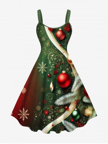 Plus Size Christmas Ball Snowflake Print Ombre A Line Dress - GREEN - 2X