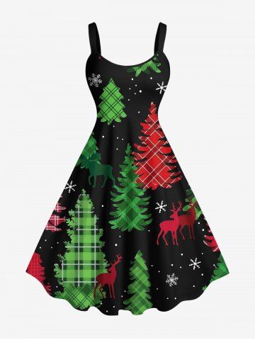 Plus Size Plaid Christmas Tree Snowflake Galaxy Elk Print A Line Dress - BLACK - 1X