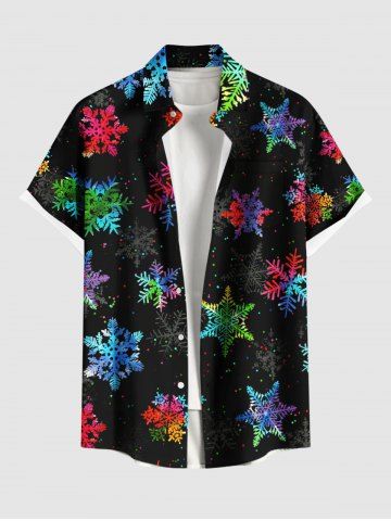 Plus Size Colorful Ombre Christmas Snowflake Galaxy Print Button Pocket Shirt For Men - BLACK - S