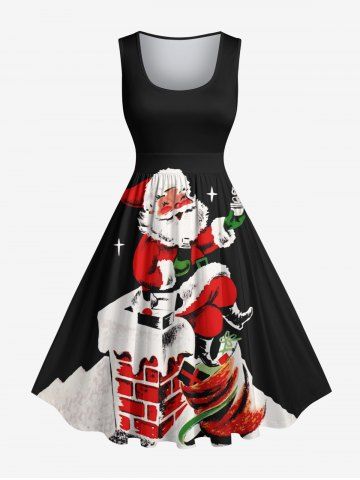 Plus Size Christmas Santa Claus Star Chimney Print 1950s Vintage Dress - BLACK - XS