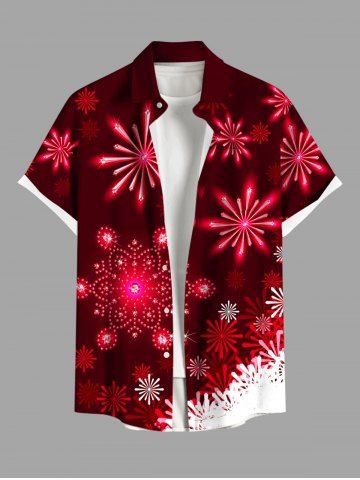 Plus Size Christmas Snowflake Glitter Belt 3D Print Buttons Pocket Shirt For Men - RED - 4XL